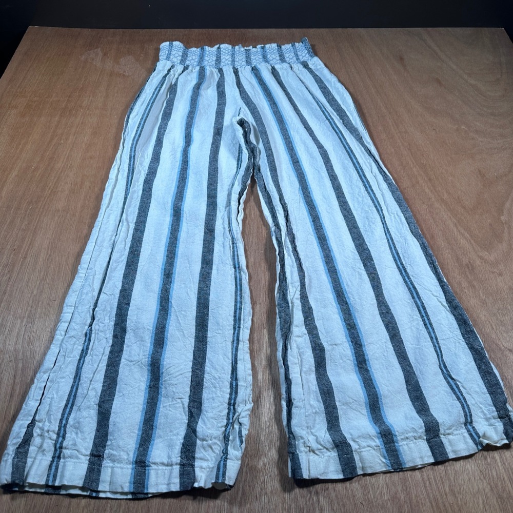 Indigo Rein Wide Leg Pants Womens XL Blue White Striped Smocked Linen Blend Boho